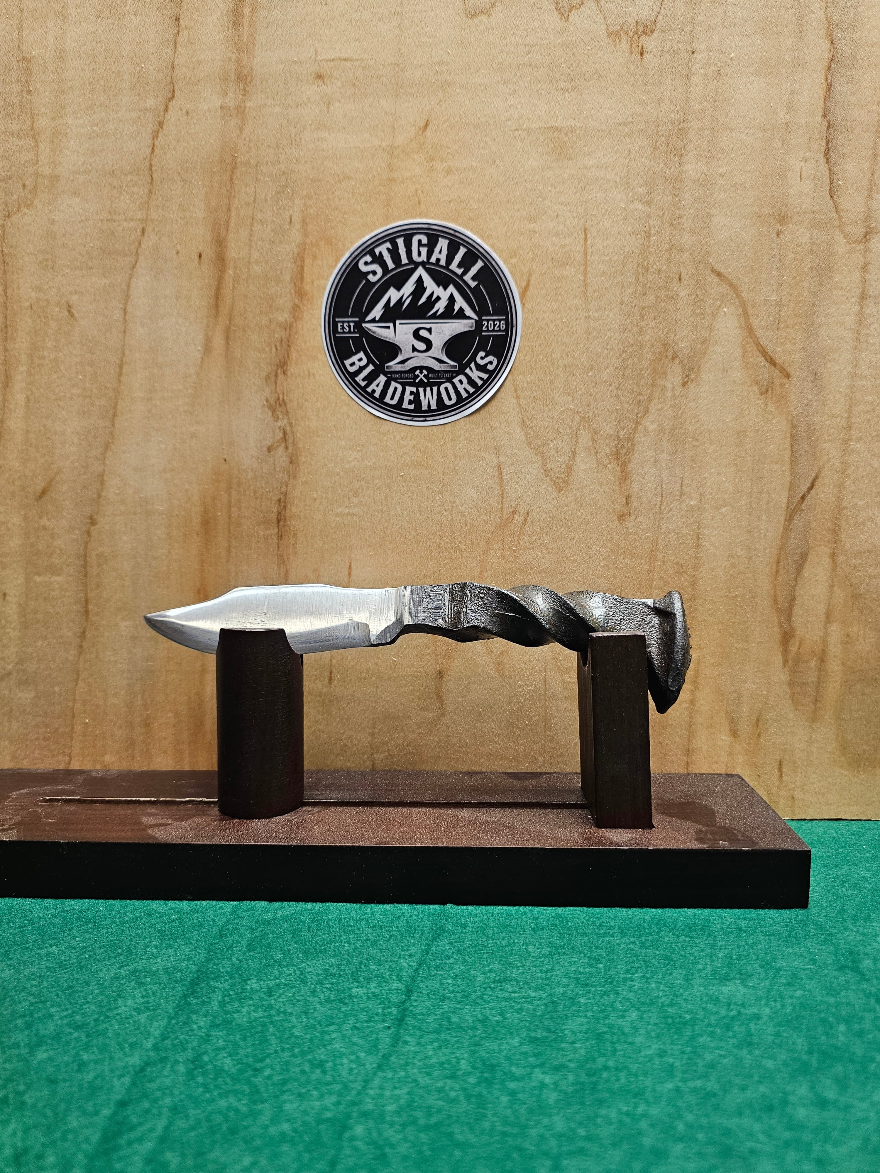 Railroad Spike Mini Bowie — hand-forged bowie knife in AK&T high-carbon railroad spike with a Metal Twist handle by Stigall Bladeworks