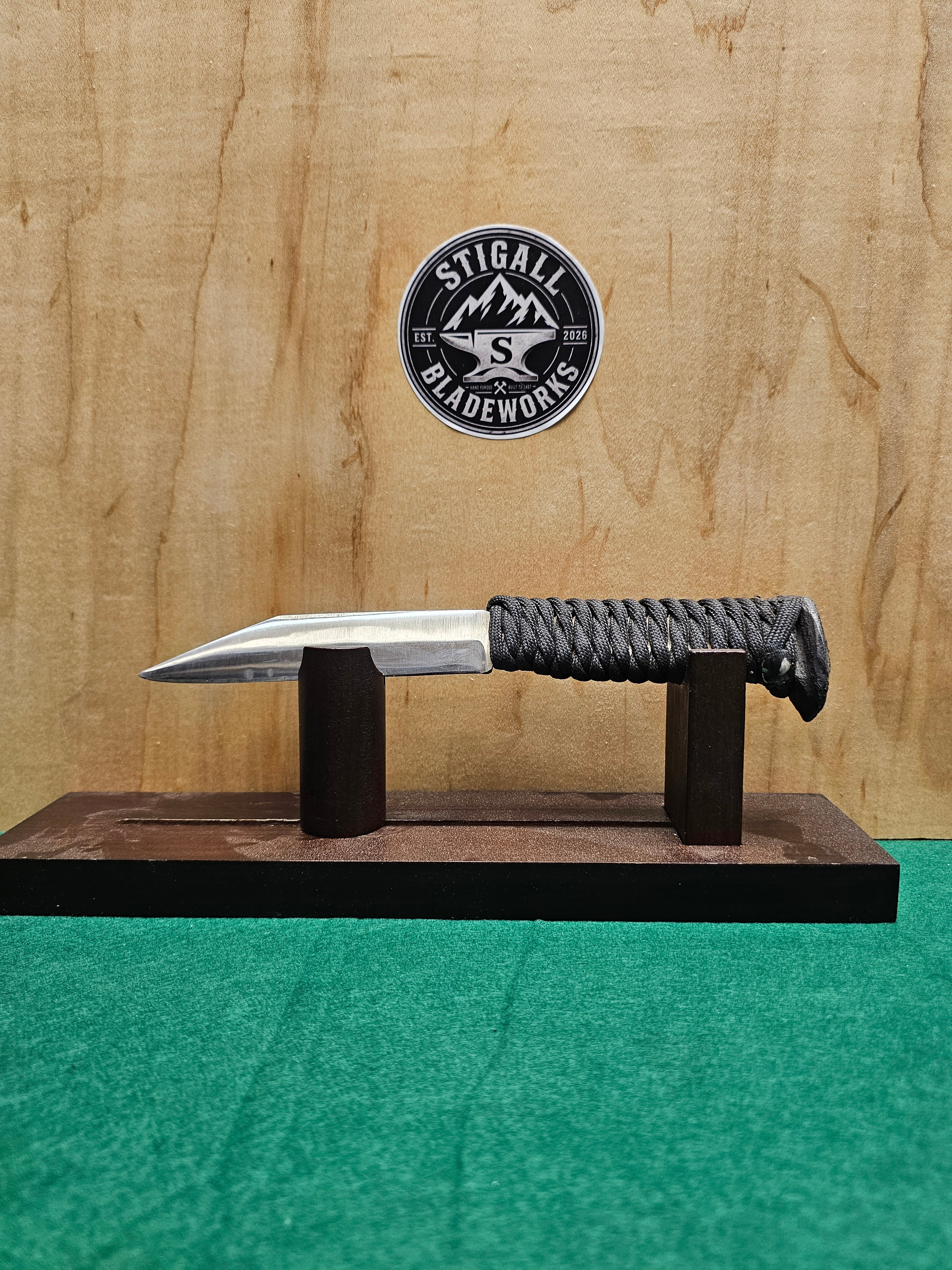 Railroad Spike Mini Seax — hand-forged everyday carry knife in AK&T high-carbon railroad spike with a Paracord Wrap handle by Stigall Bladeworks