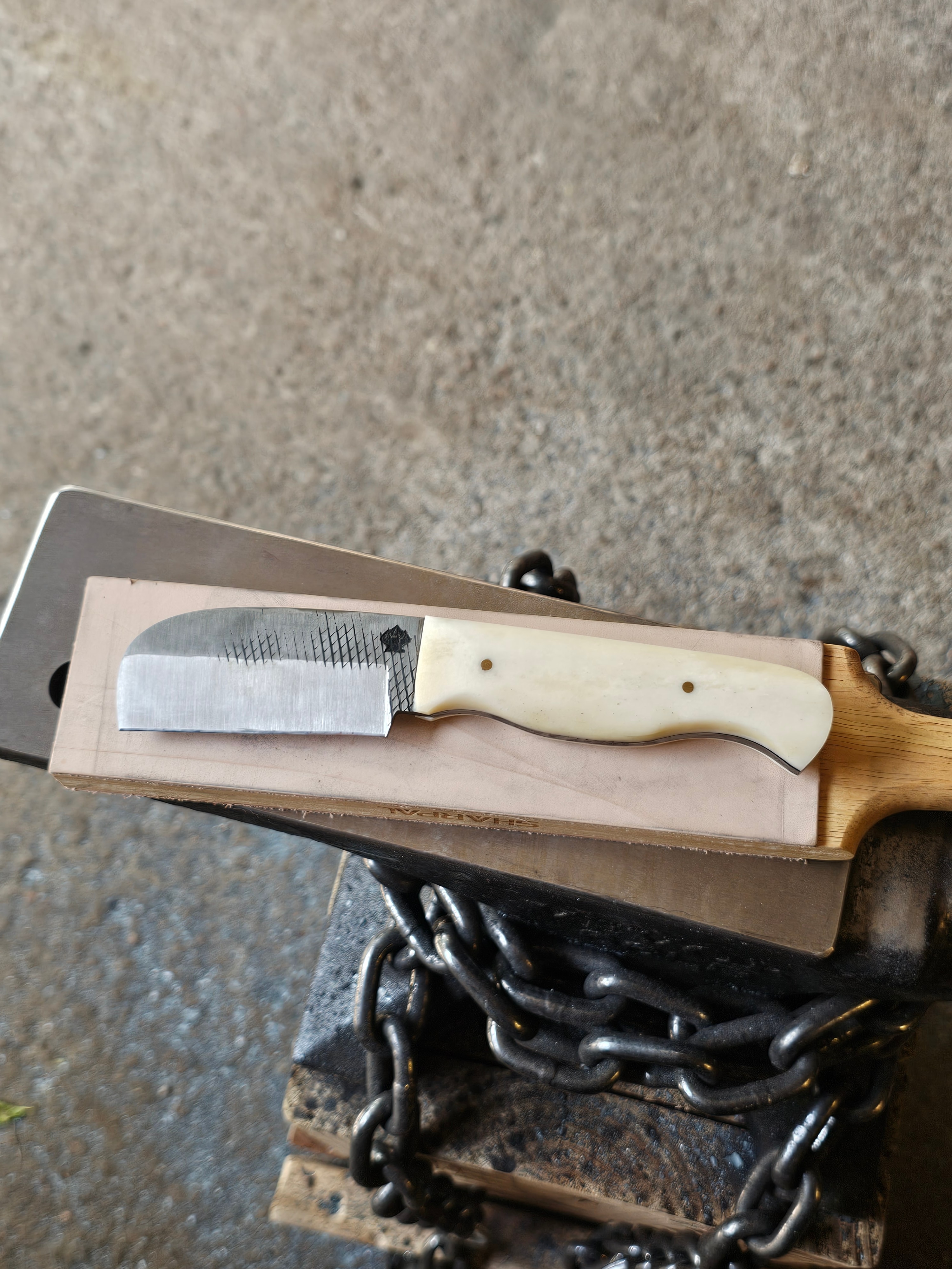Sheepsfoot/Bull Cutter Hybrid — hand-forged everyday carry knife in Farrier Rasp with a Water Buffalo Bone handle by Stigall Bladeworks