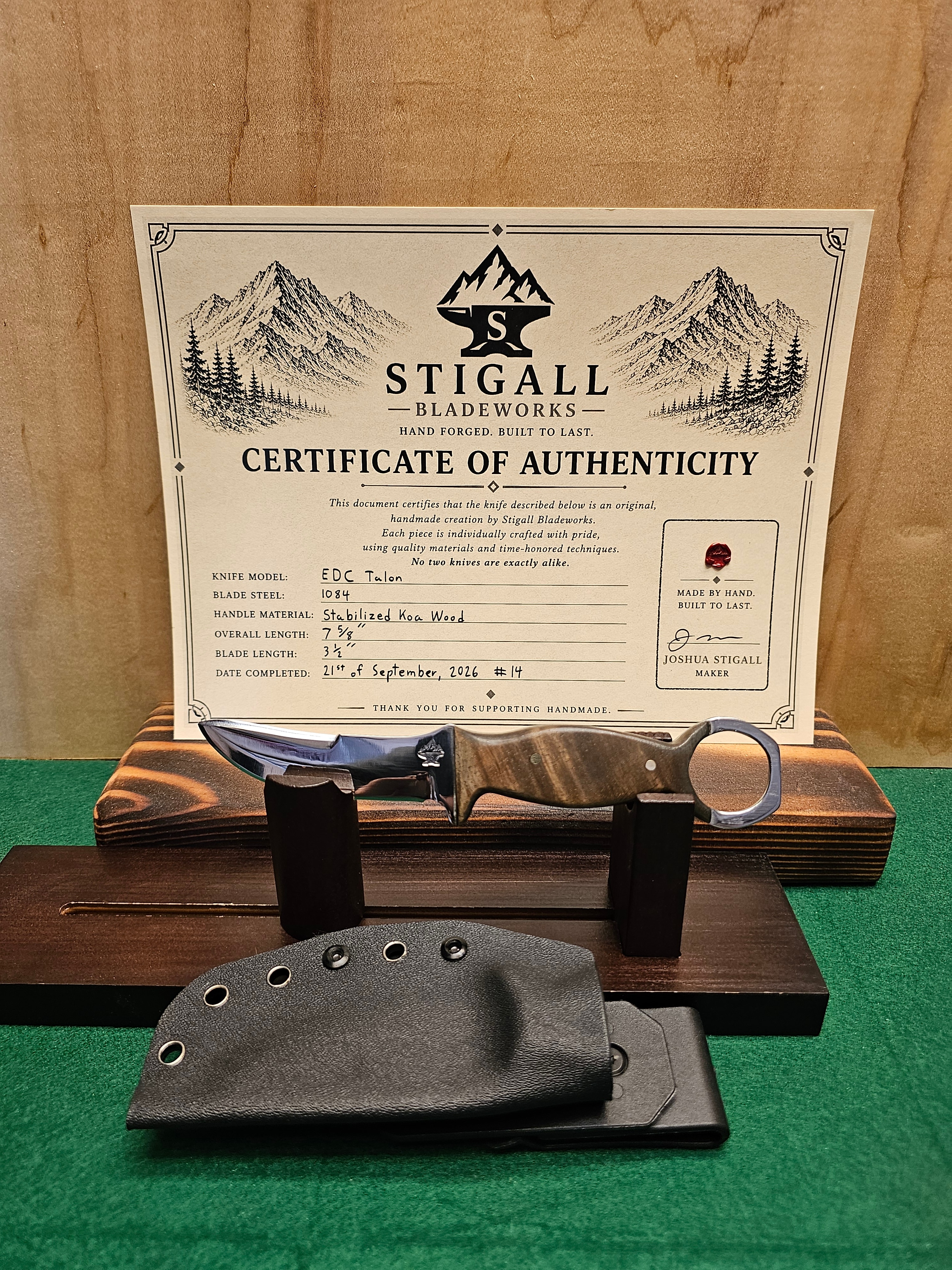 EDC Talon — hand-forged everyday carry knife in 1084 with a Stabilized Koa Wood handle by Stigall Bladeworks