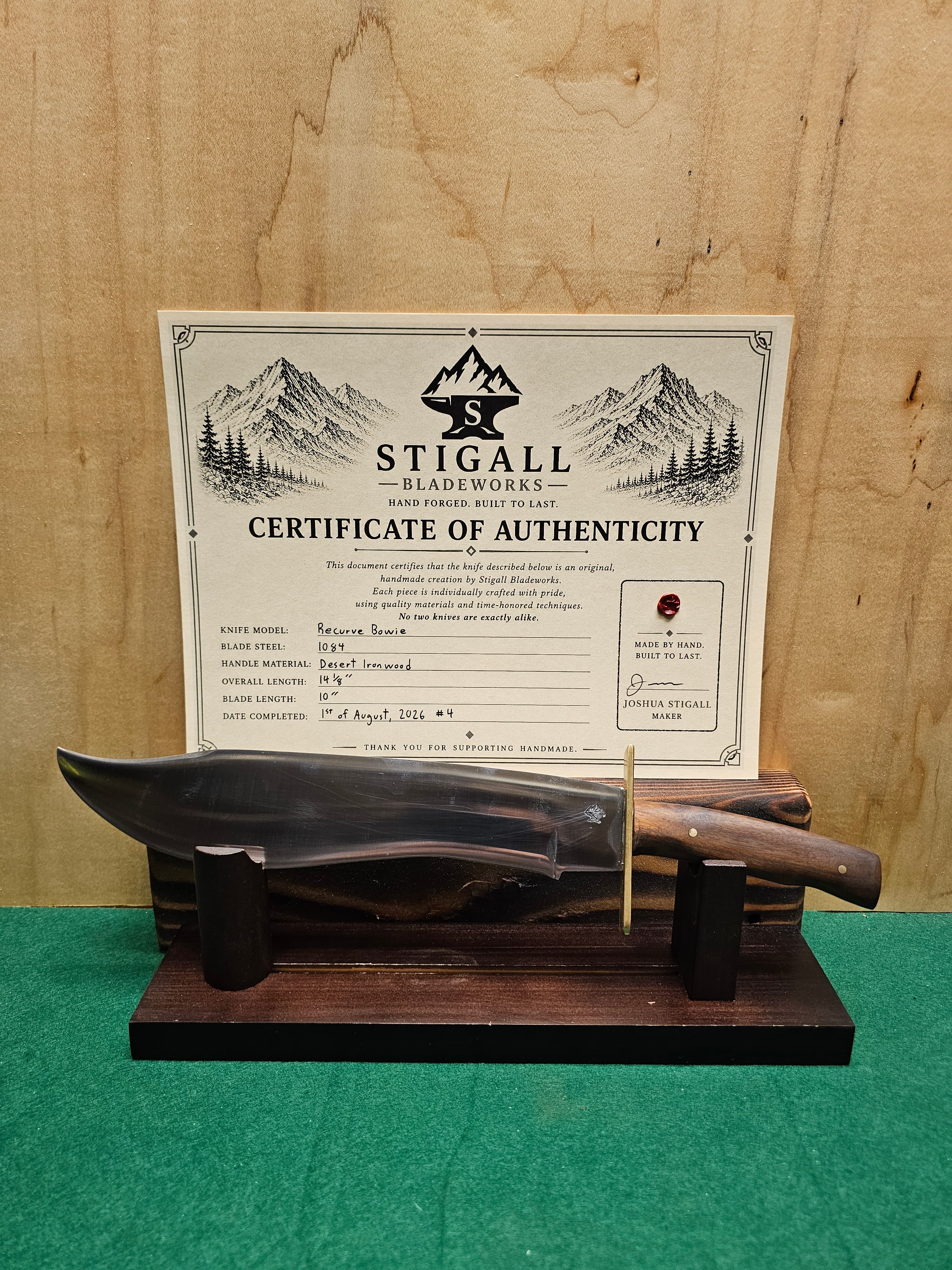 Recurve Bowie — hand-forged bowie knife in 1084 with a Desert Ironwood handle by Stigall Bladeworks