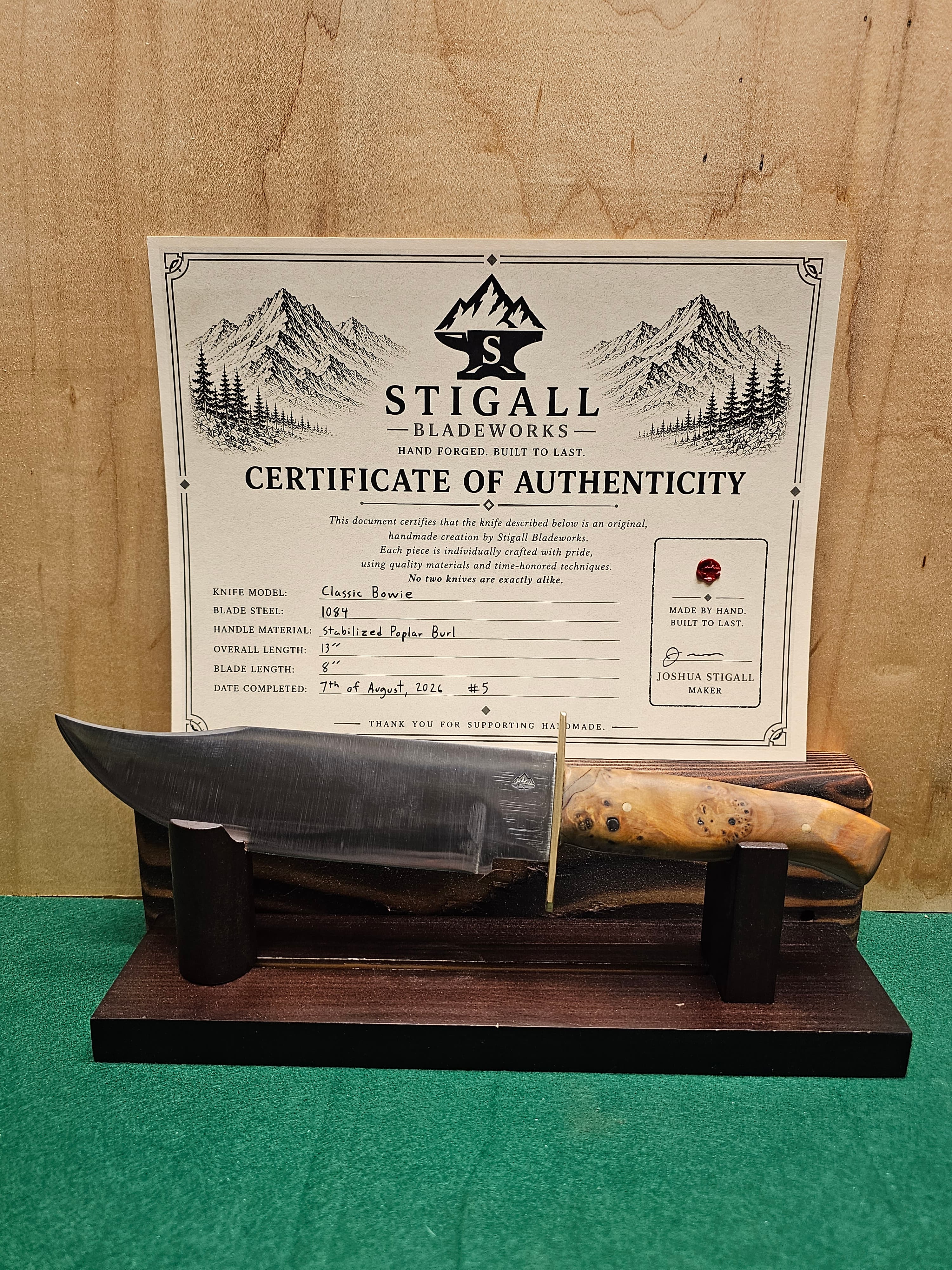 Classic Bowie — hand-forged bowie knife in 1084 with a Stabilized Poplar Burl handle by Stigall Bladeworks